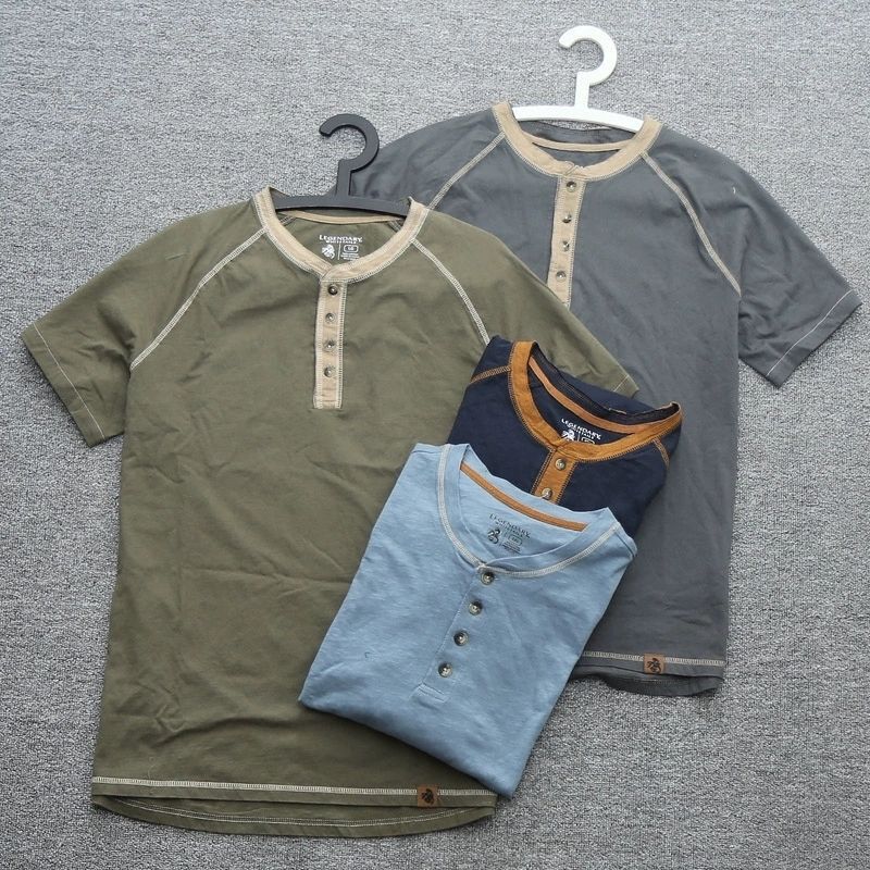 Vintage American-Style Henry Collar Men's Short-Sleeve Shirt, Tough Guy Spring and Autumn Base Shirt, Plus-Size Loose Elastic Shirt