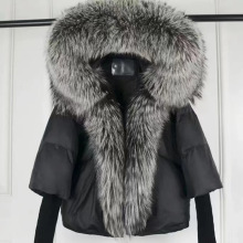 24新款跨境外贸冬季女中长螺纹袖带帽白鸭绒真毛大毛领皮草羽绒服