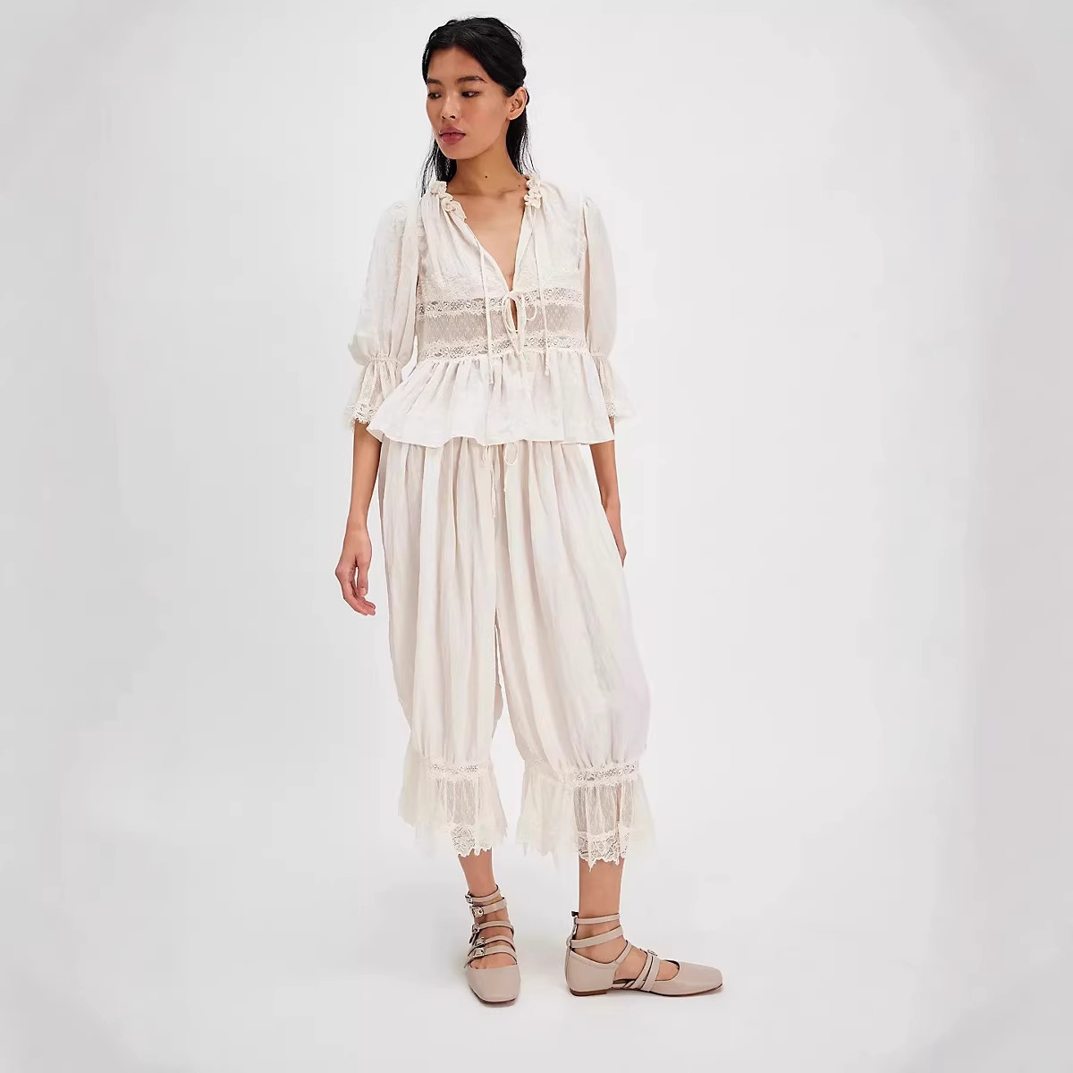 2025 European and American Cross-Border Early Spring New Hollow Lace Lace-Up Loungewear Women's Comfortable Skin-Friendly Pajama Shorts