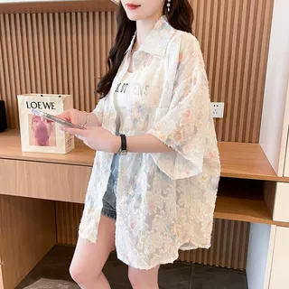 大码胖mm轻薄款短袖防晒衬衫女夏季新款韩版宽松百搭外穿衬衣外套