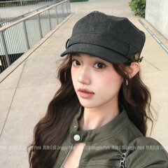 复古纽扣平顶马术帽气质风韩系古着感显脸小鸭舌帽做旧原宿八角帽