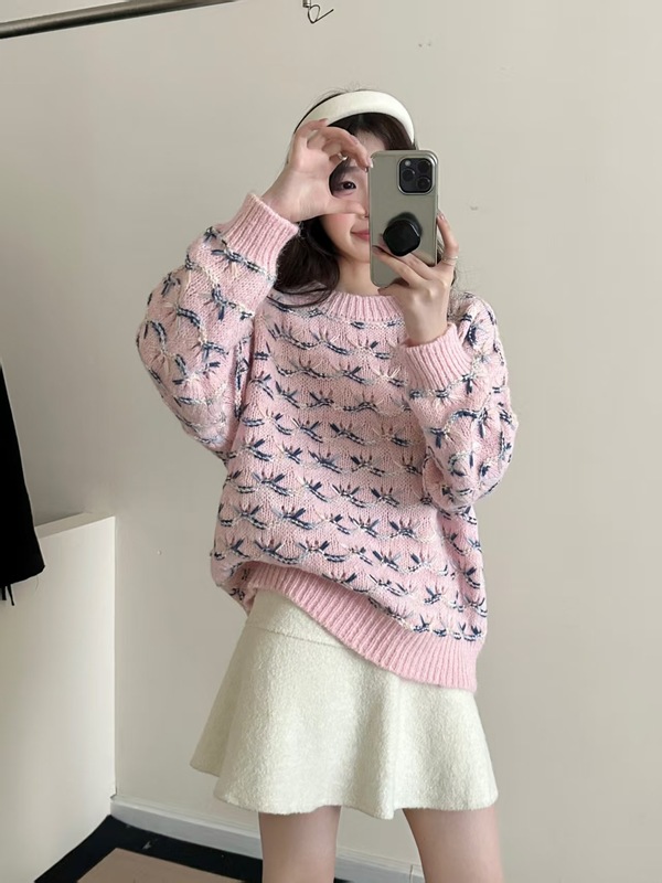 复古提花套头毛衣女2025秋冬新款韩系小众宽松休闲套头针织衫上衣|undefined