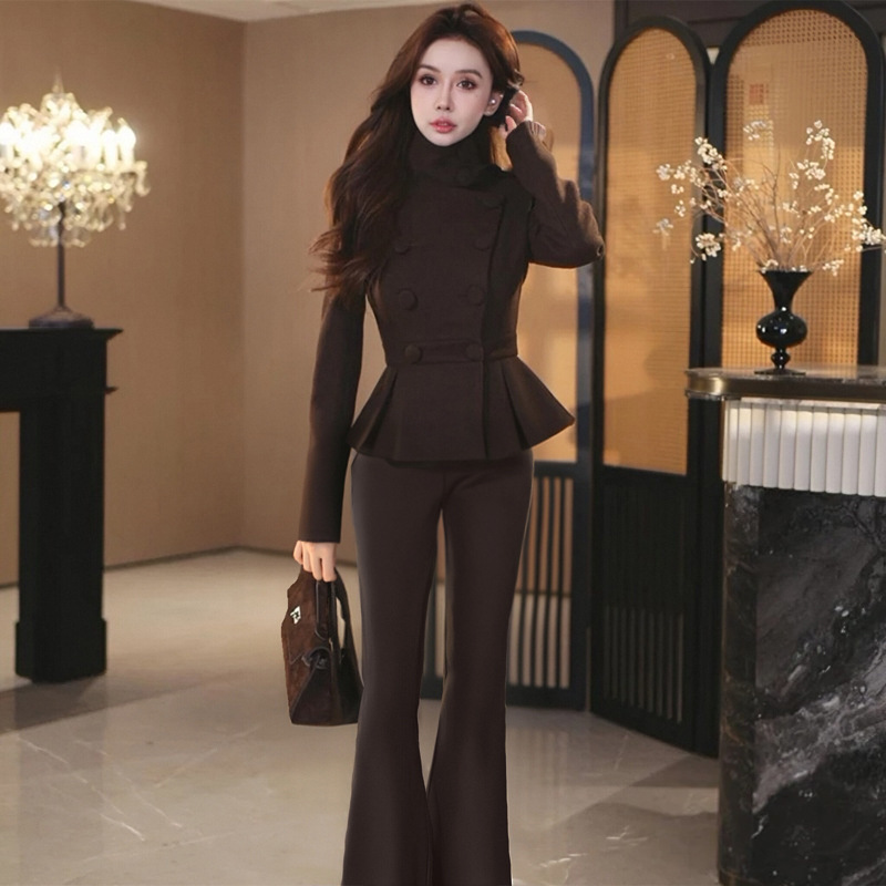 High-End Fashion Casual Suit for Women 2025 Autum Design Stand-Up Collar Double-Breasted Top Wide-Leg Pants Two-Piece Set