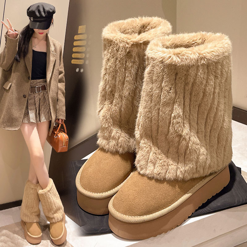 Thick-Soled Furry Shoes For Women 2025 Winter New Style Outdoor High-End Feel Iceland Fleece-Lined Mid-Calf_voghion.com