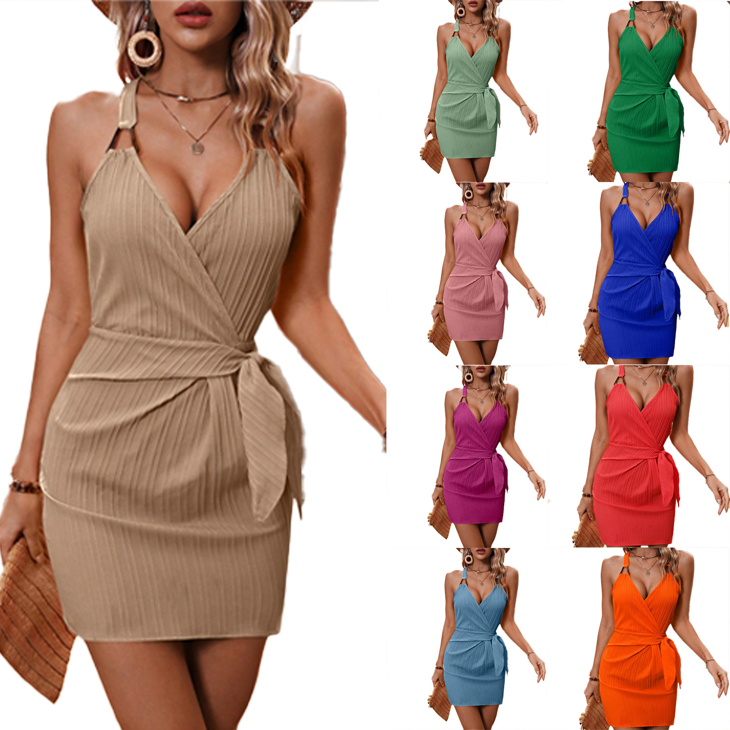European and American V-Neck Suspender Dress with Waist Tie, Island Dopamine Vacation Style, Summer Cross-Border Ready Stock, 7 Colors Available