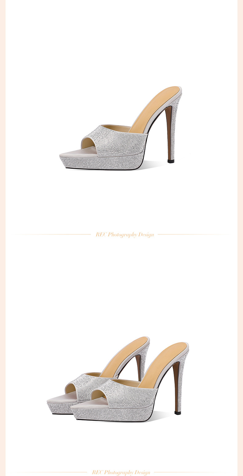 Sandal cao gót nữ hở mũi đính đá platform gót nhọn 9 cm — Champagne màu chi tiết 6