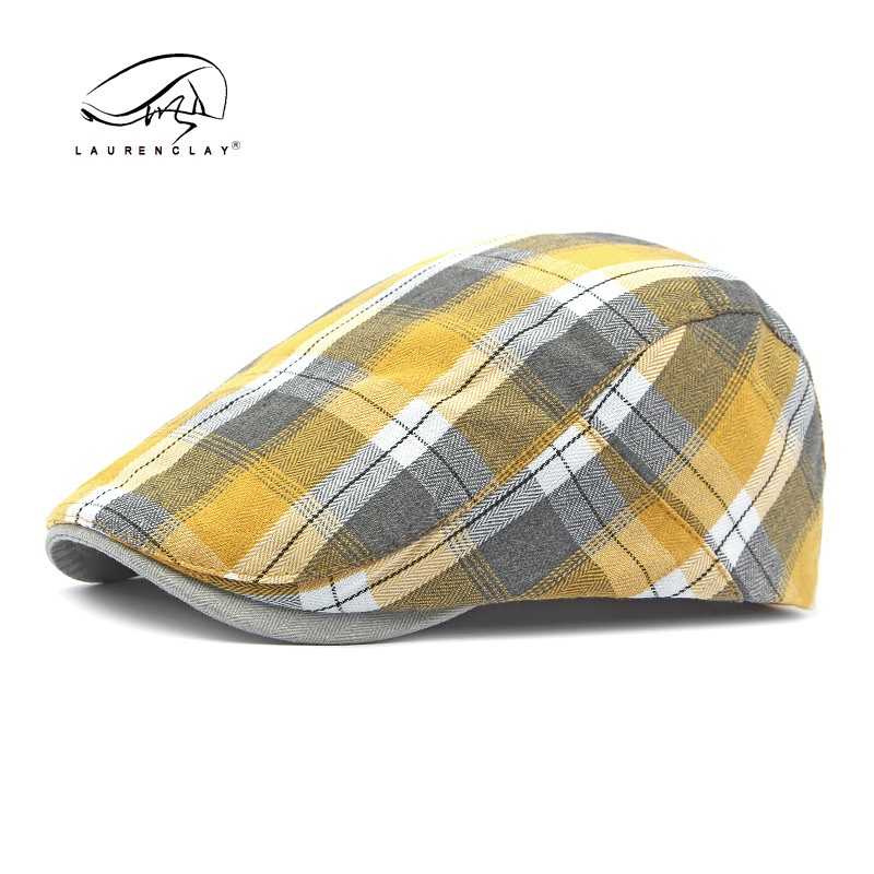 Boina de las mujeres de primavera y verano Delgado transpirable casquillo enarbolado de los hombres artístico retro Plaid sombrero delantero Plaid pintor sombrero