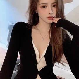 黑色纯欲风v领性感打底衫女春秋款修身长袖T恤两件套正肩低领上衣