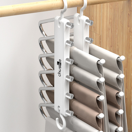 Folding trouser rack, telescopic multi-functional storage trouser rack, clothes hanger hook trouser rack, stainless steel multi-layer pull-out trouser hanger wholesale