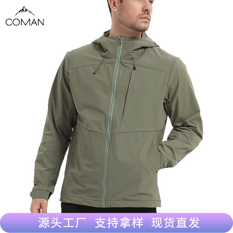 2026 New Style Jacket Cross-Border Casual Thin Stretchy Wear-Resistant Softshell Jacket Spring and Autumn Outdoor Hooded Jacket for Men