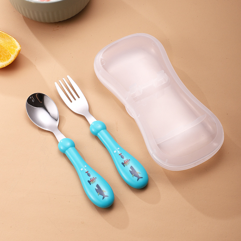 Round handle fork spoon set box blue
