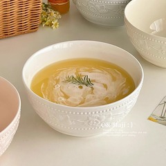 家庭用2025年新作大型麺鉢、軽奢で高級感のあるクリーム系食器、セラミックサラダボウル、インスタントラーメンボウル