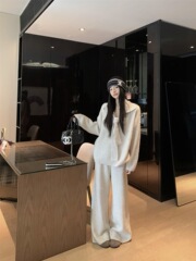 慵懒风套装披肩米白色长袖毛衣针织衫女秋季直筒休闲裤长裤三件套