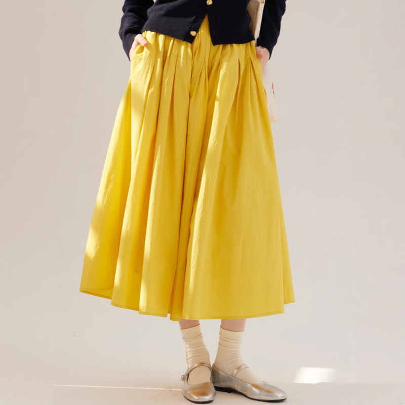 26 Spring Bright Yellow Long Cotton Skirt, Slimming, Gentle, Comfortable, Versatile, Niche Style, Elastic Pleated, Large Flared Umbrella Skirt