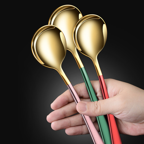 304 Stainless Steel Long Handle Elegant Round Head Spoon Household Simple Gold Eating Spoons Forks Serving Spoons Wholesale