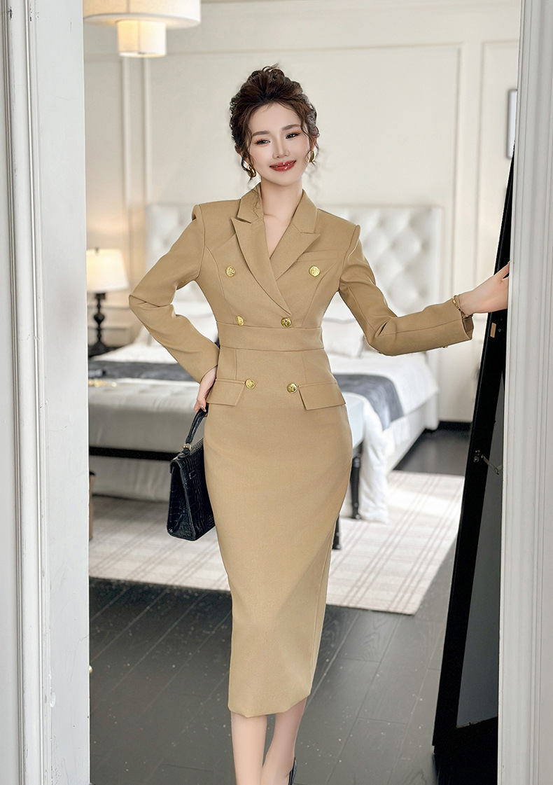 Đầm bodycon công sở cổ vest ôm eo chân váy dài — Màu vàng camel chi tiết 19