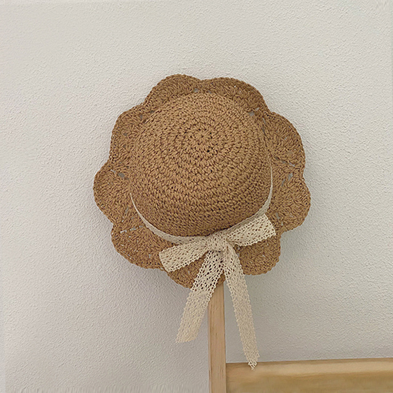 Children's straw hat summer sun protection lace bow hat baby Korean princess foldable beach hat female
