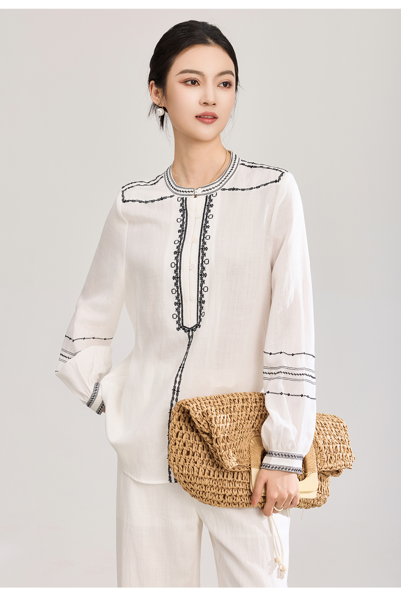 Áo sơ mi nữ chất liệu linen phối màu tay ngắn phong cách Pháp — màu xanh nhạt chi tiết 18