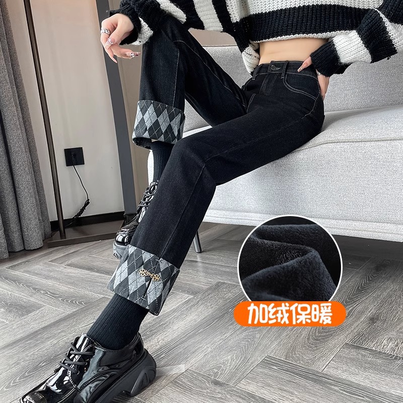 Fleece demi-season loose straight jeans