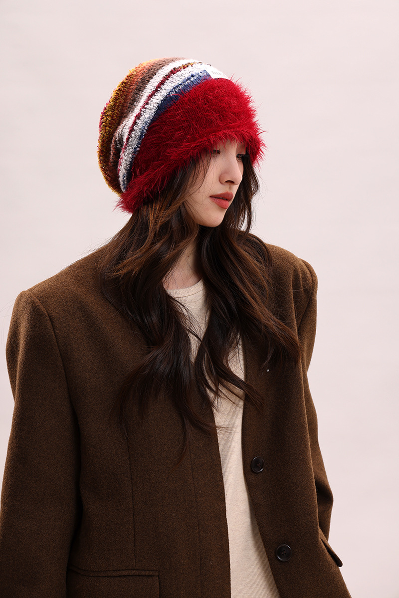 Cappello di lana per bambini, lavorato a maglia, con filato di piume femminili, impilato, che mostra il viso, piccolo calore autunnale e invernale, freddo cappello di lana, maschile_voghion.com