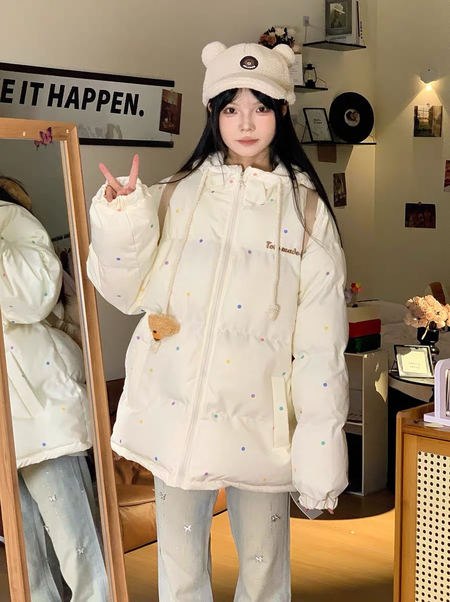 Bonito oso ondulado punto chaqueta de algodón encapuchado hembra 2024 invierno nuevo tipo grueso cálido pequeño chaqueta de algodón suelta