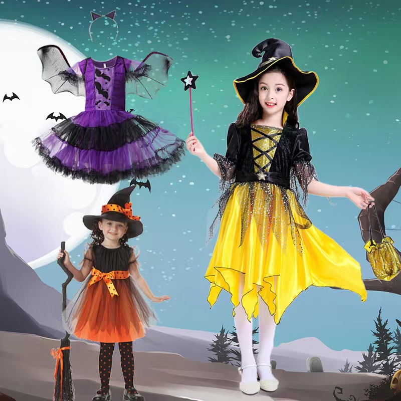 万圣节儿童服装女童演出服女巫斗篷精灵魔法裙儿童表演服cos服装