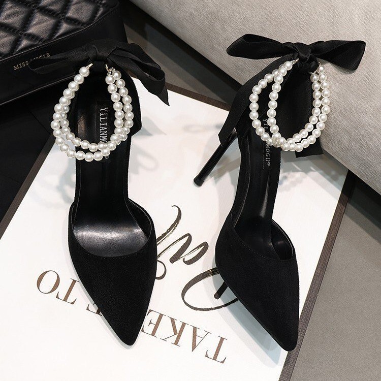 2024 New Spring Black Pointed Stiletto Heel Shoes Women Fashion Bow One Word Buckle Sandals Wholesale