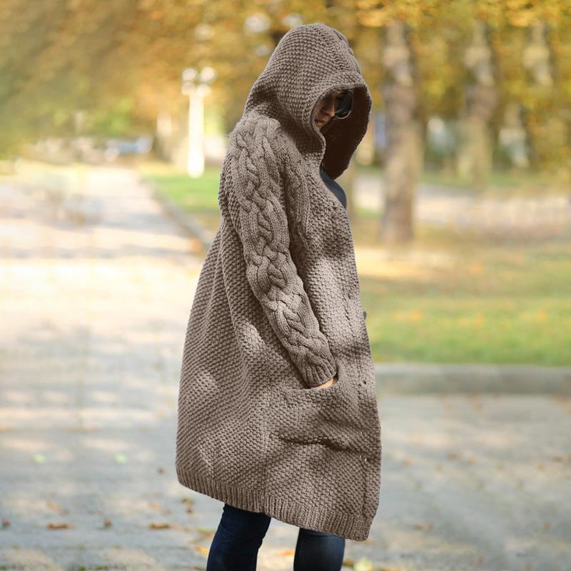 Women's Clothing autumn and winter thickened sweater cardigan hooded long knitted sweater large size women's coat thick _voghion.com