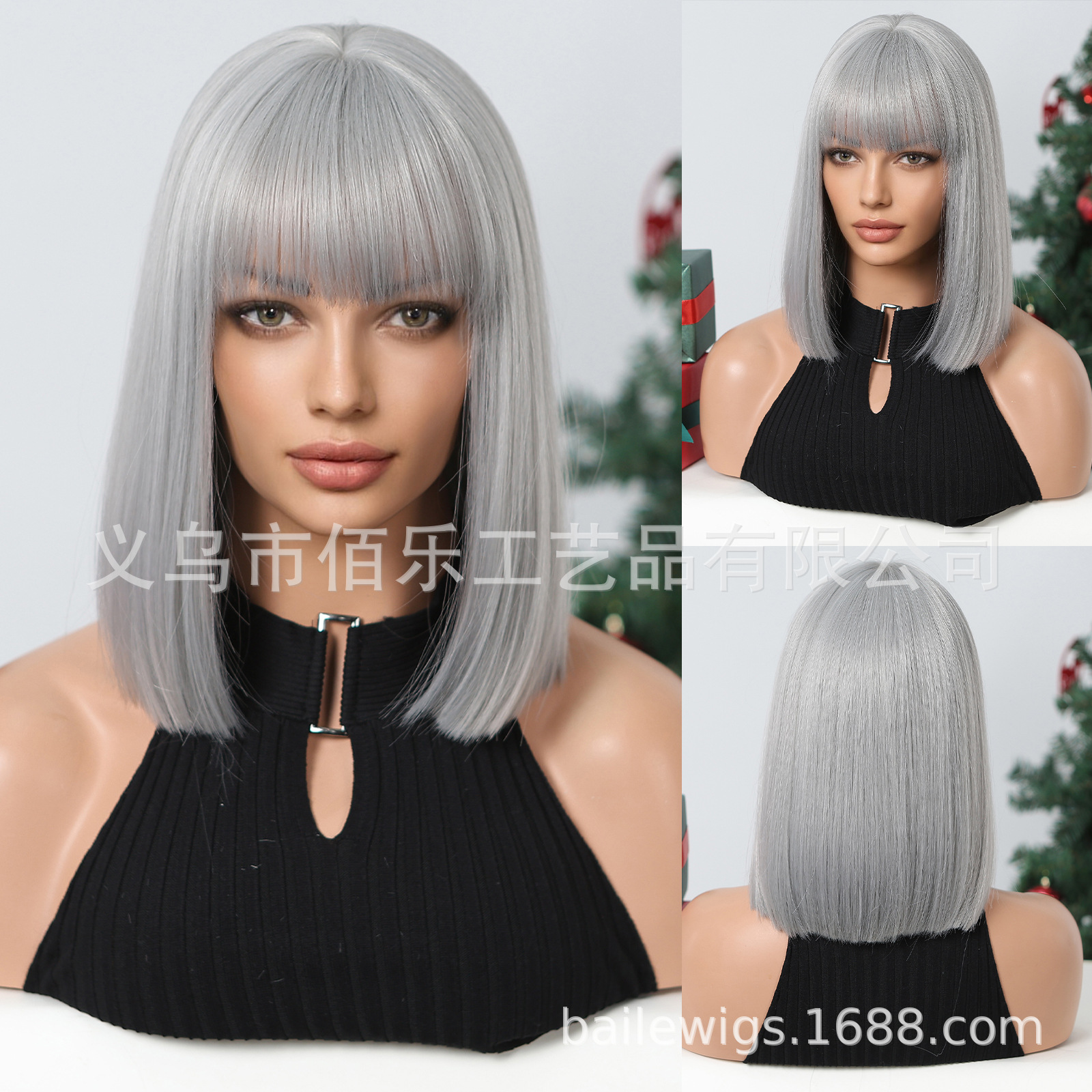 Pelucas europeas y americanas con flequillo, cabello corto liso gris plateado, peluca completa, fabricante de bobos, pelucas al por mayor en stock image 7