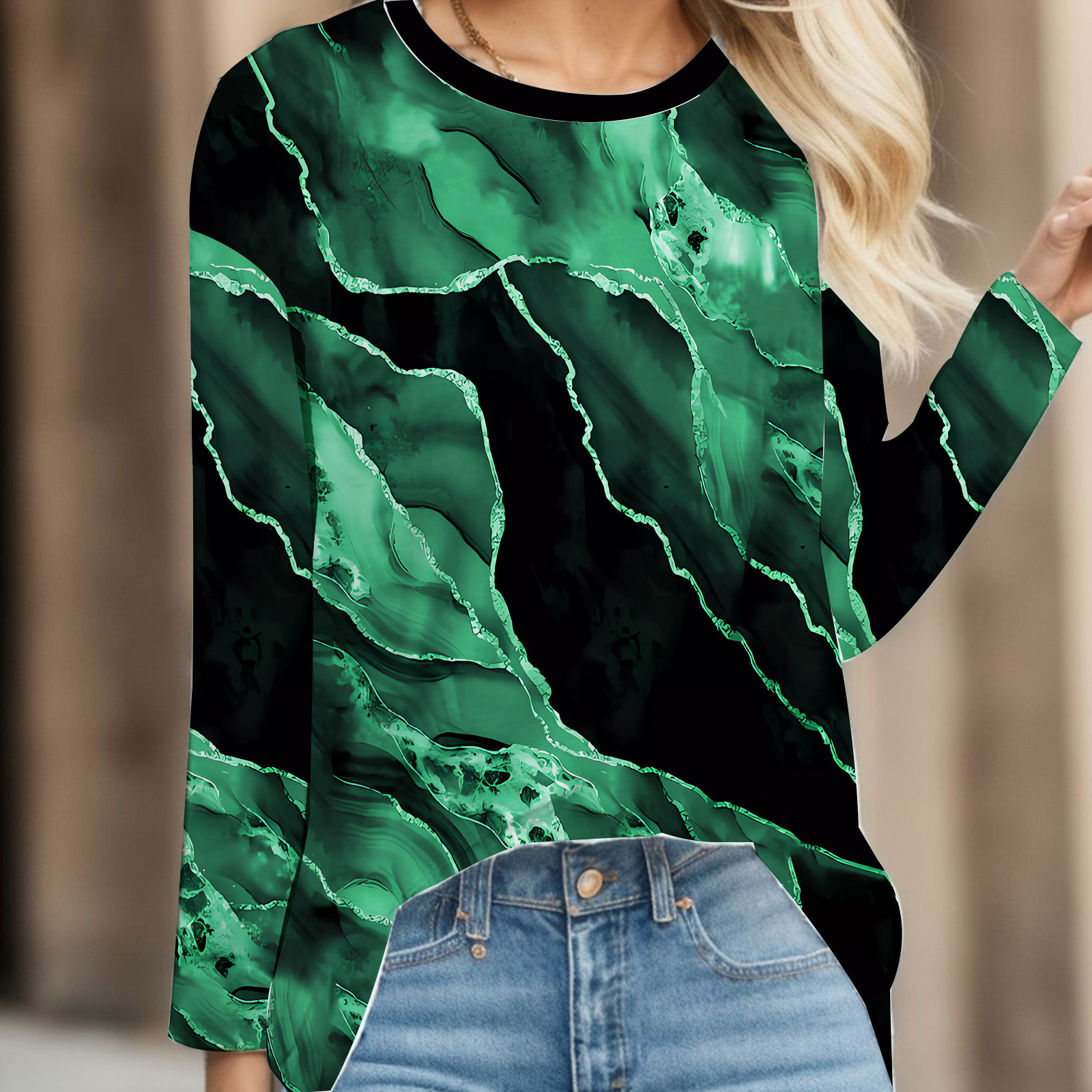 Transfronterizo otoño e invierno nuevas señoras casual cuello redondo Pascua impresión digital casual suelto cuello redondo suéter de manga larga para mujer