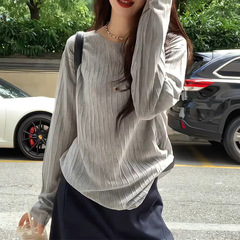 灰色长袖防晒T恤女夏季韩系慵懒松弛感巨好看的罩衫薄纱上衣