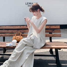 实拍浅灰色不规则马甲时尚套装女2025夏季松弛感气质阔腿裤两件套