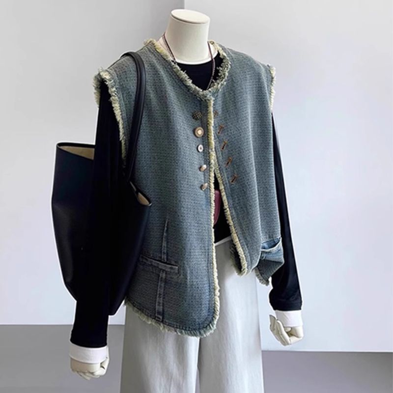复古毛边牛仔马甲外套女秋2025新款时髦洋气宽松无袖坎肩背心马夹|undefined