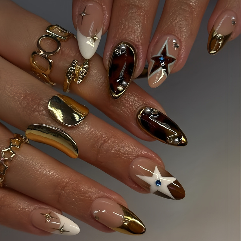 Cross-Border Hot-Selling Black Polka Dot Leopard Print Star Gold Stripe 3D Pearl Rhinestone Wearable Nails Medium-Length Almond Nails