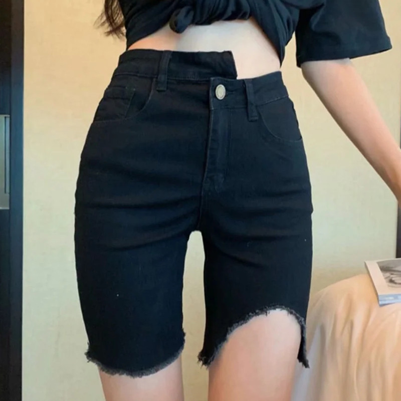 European and American asymmetric high and low dislocation waist straight leg jeans women's slim fit fritted distressed denim shorts