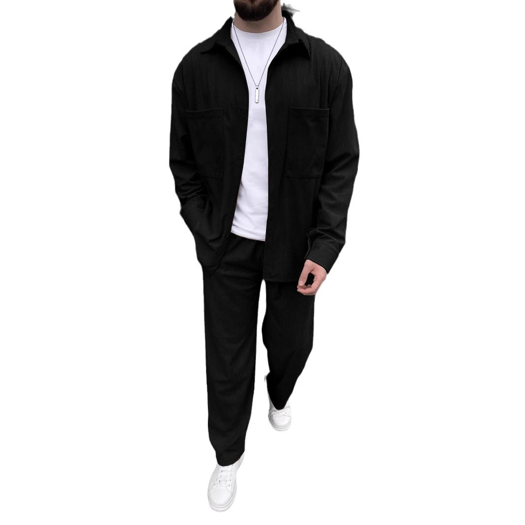 Monochrome Man – Frühlings-Set aus europäisch-amerikanischem Herren-Cordhose und langärmeligem Hemd mit Umlegekragen_voghion.com