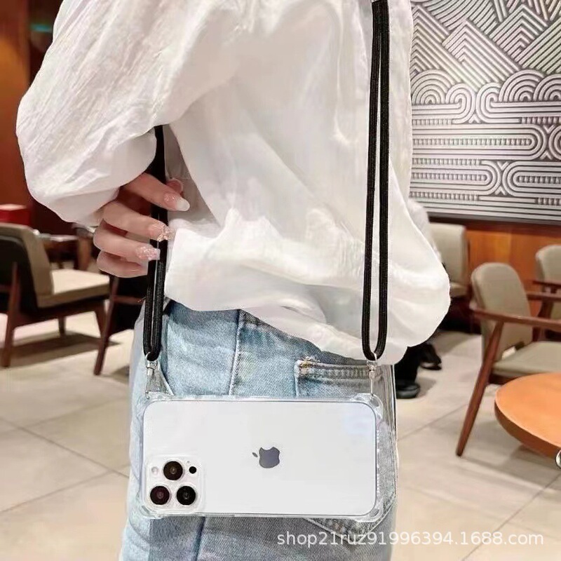 Transparent Apple 14 Mobile Phone Case Iphone13 Anti-Fall 12 Four-Corner Lanyard Cross-Body Xsmaxxr Ultra-Thin Full Package