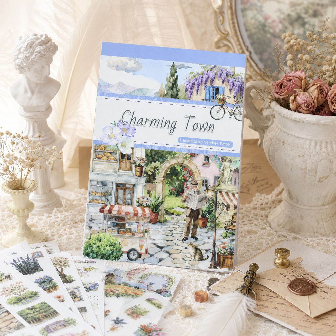 Charming Town Sticker Book: European-style architecture, garden scenes, and street views – perfect for junk journaling, scrapbooking, and creating decorative collages