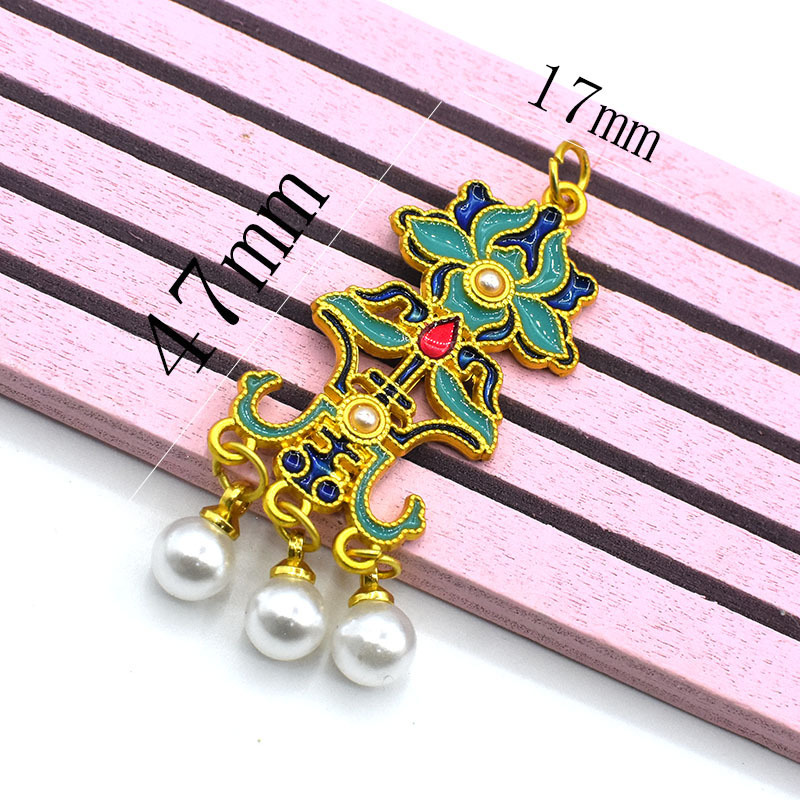 Anti-Tarnish Cloisonné Blue Lotus Longevity Pattern Pearl Tassel Earrings, Ancient Style Cloisonné Earrings, Hanfu Cheongsam Accessories