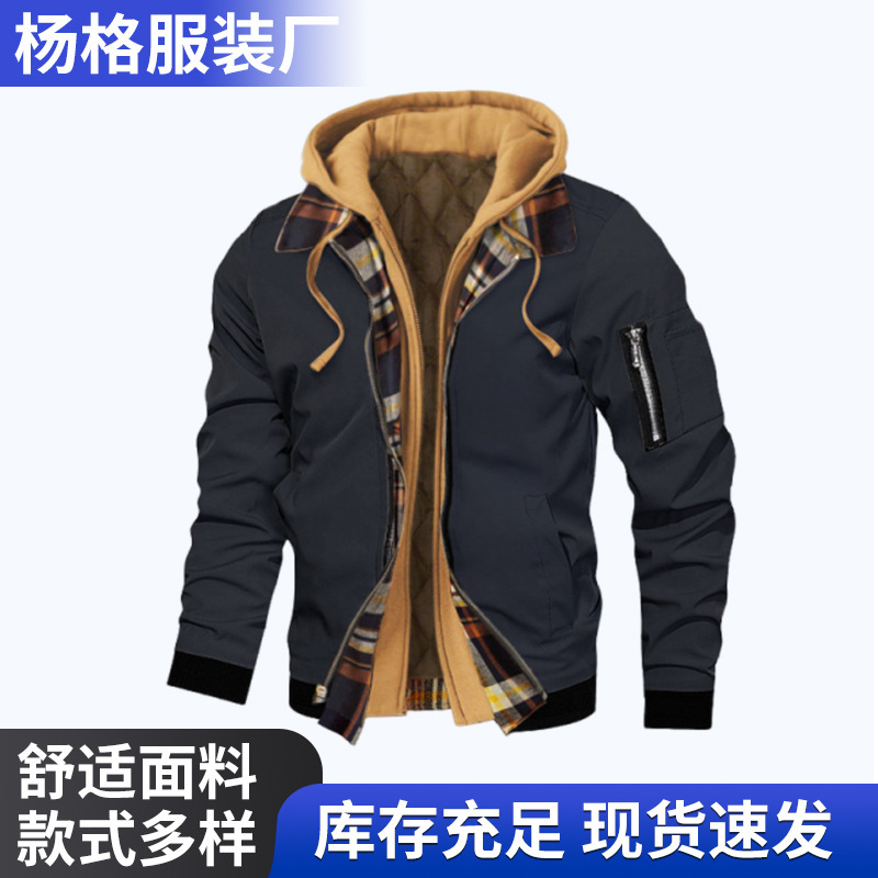 Cross-border AliExpress Spring Autumn Winter Thick Large Size Men's Solid Color Hooded Jacket Casual Air Force One Jacket for Men