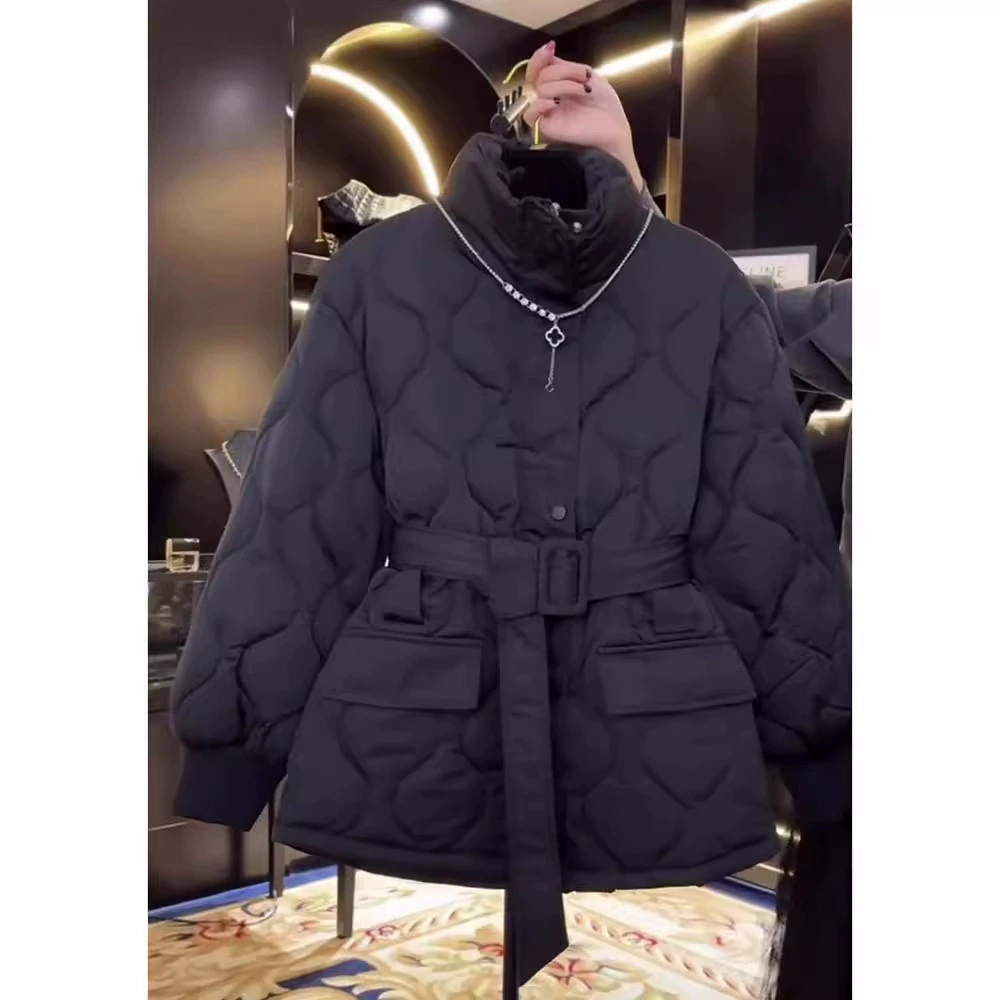 Down Jacket, Black Quilted Belted Coat, Winter Warmth, Sizes S–XL