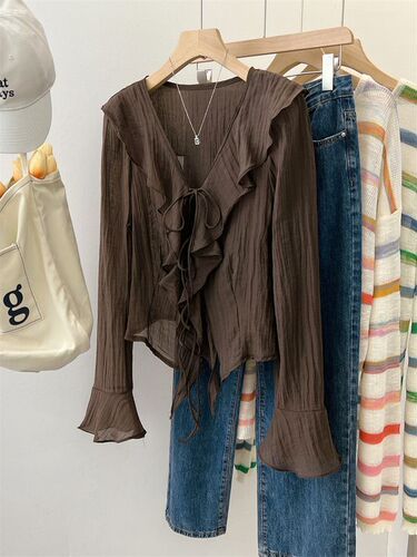 Design-featured ruffled flared long-sleeved shirt for women—autumn new arrival, Korean-style loose-fitting all-match cardigan.