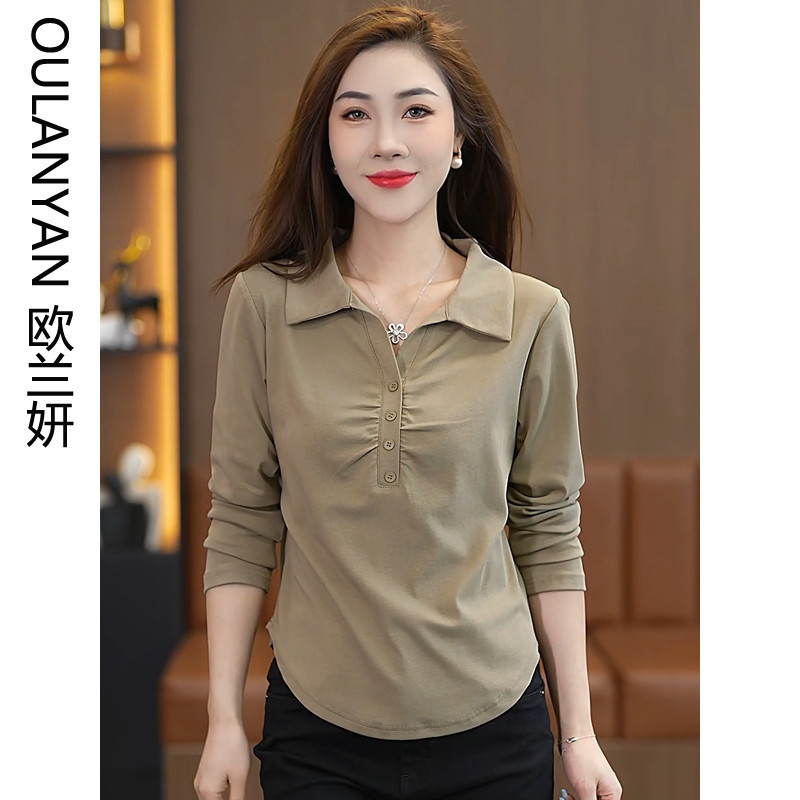 European-Style Turn-Down Collar Long-Sleeve Women's Thin T-Shirt, 2025 Spring and Autumn New Slim-Fit Top for Petite Figures