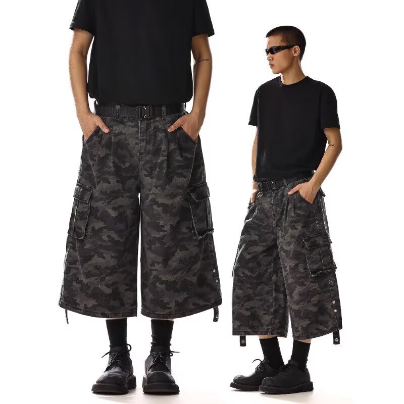 American High Street Camouflage Denim Shorts for Men and Women, Summer Trendy Workwear, Loose Wide-Leg Sports Mid-Length Pants