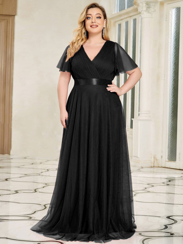 Fashionable Plus Size High-Waisted Simple Elegant V-Neck Net Dress Gown Popular in Europe and America Maid of Honor Dress