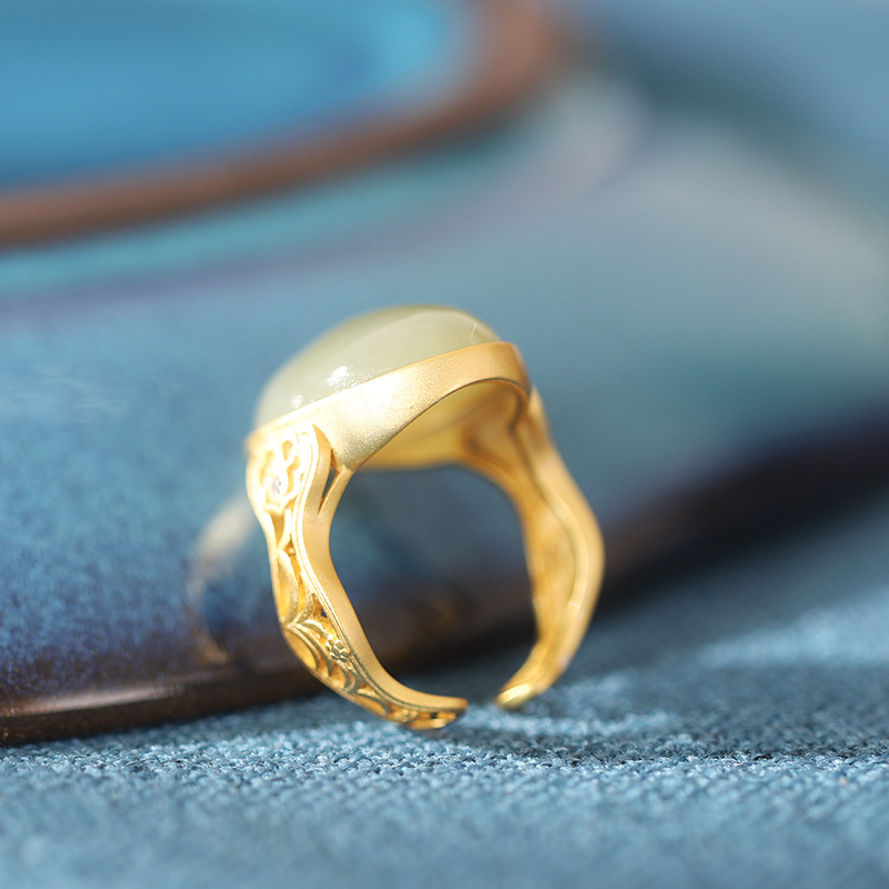s925 silver gold-plated Hetian jade egg face auspicious cloud texture open ring