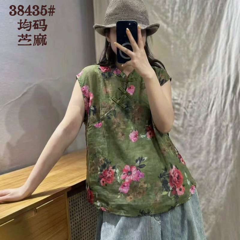 2026 Summer New Style Chinese Style Floral Print Distressed Ramie Shirt Loose Stand Collar Buttoned Pullover Top for Women 2026 Summer New Style Chinese Style Floral Print Distressed Ramie Shirt Loose Stand Collar Buttoned Pullover Top for Women