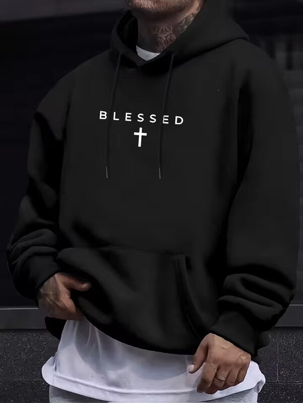 A Men's Casual Hooded Sweater with a Blessing Cross Design and Geometric Patterns, Suitable for Spring and Autumn