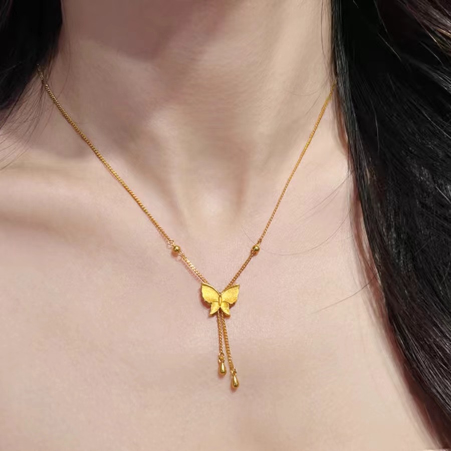 Elegant Butterfly Necklace Tassel Long Women's Copper Plated Sand Gold Escape Princess Pendant Collarbone Chain Necklace Women's Jewelry