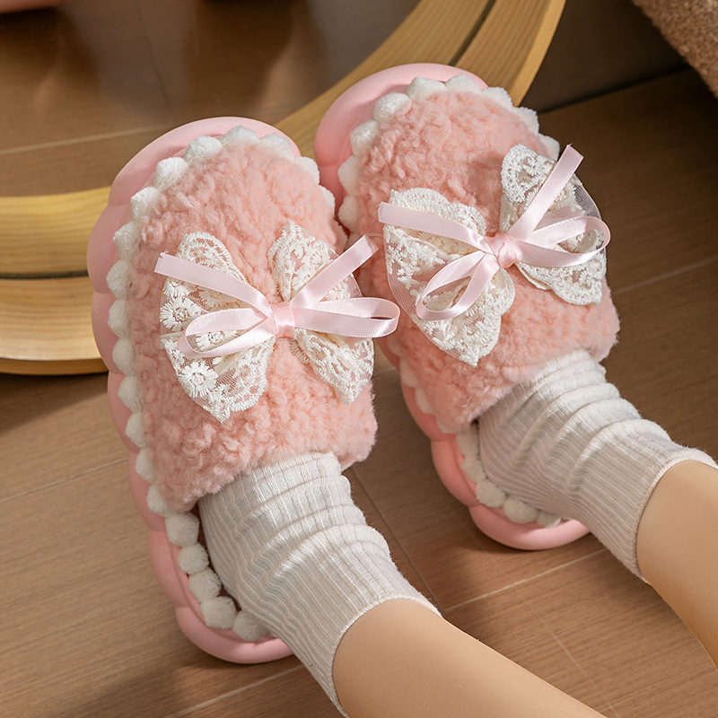 2025 nuevo cordón de arco zapatillas de algodón invierno damas gruesas calentamiento antideslizante silencioso zapatillas de interior